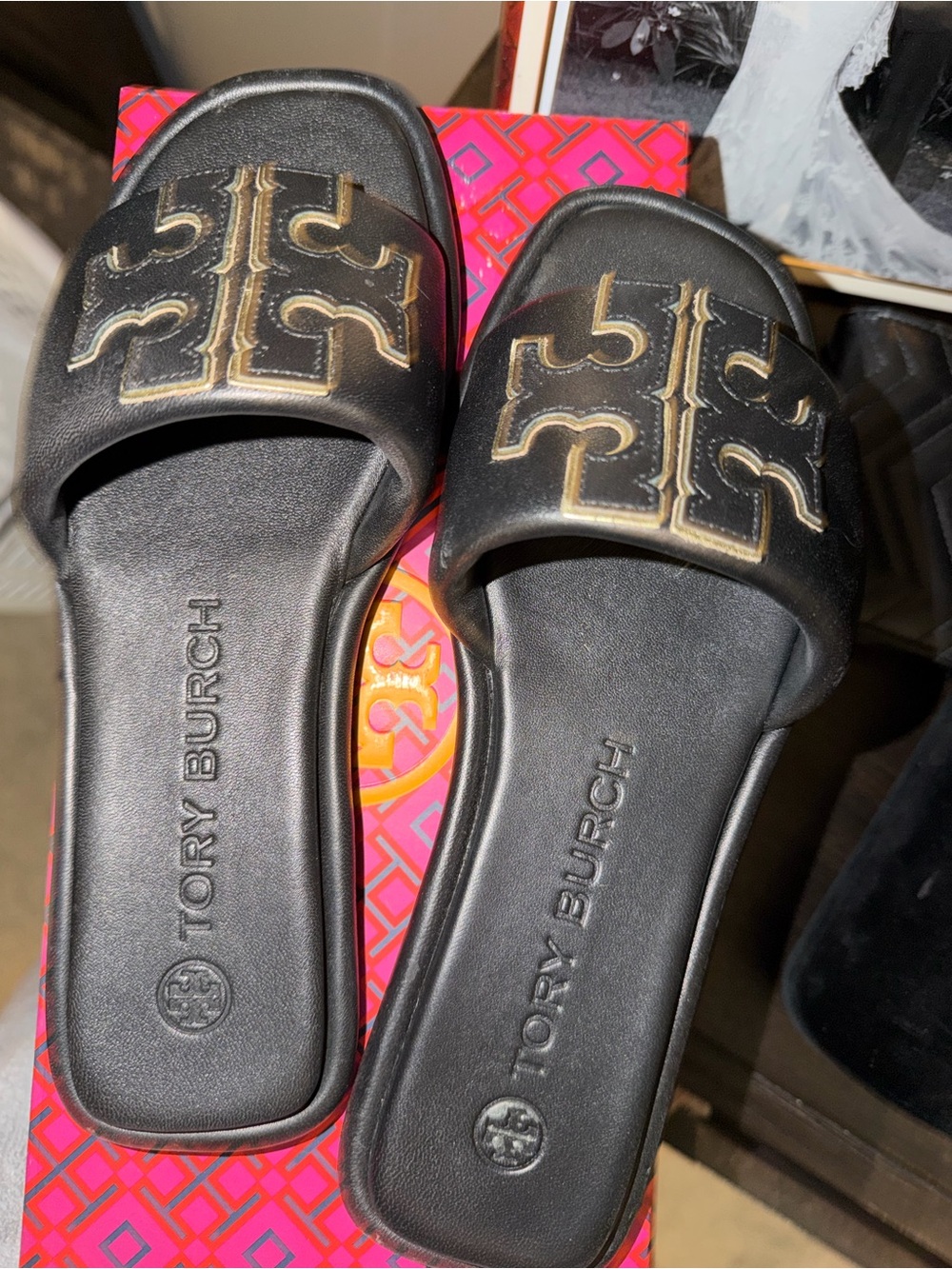 Tory Burch Black Slide Sandals with Gold Logo Accent